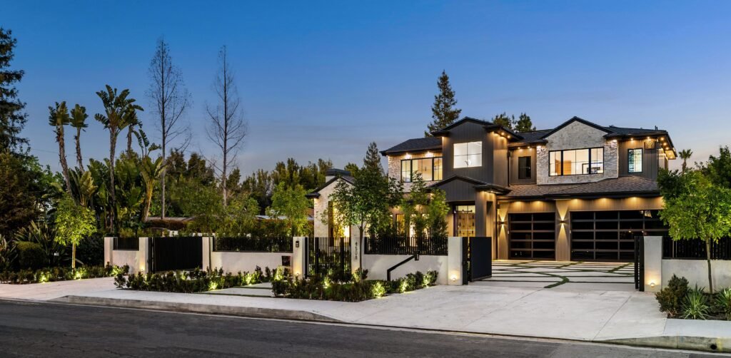 Modern luxury house exterior at dusk